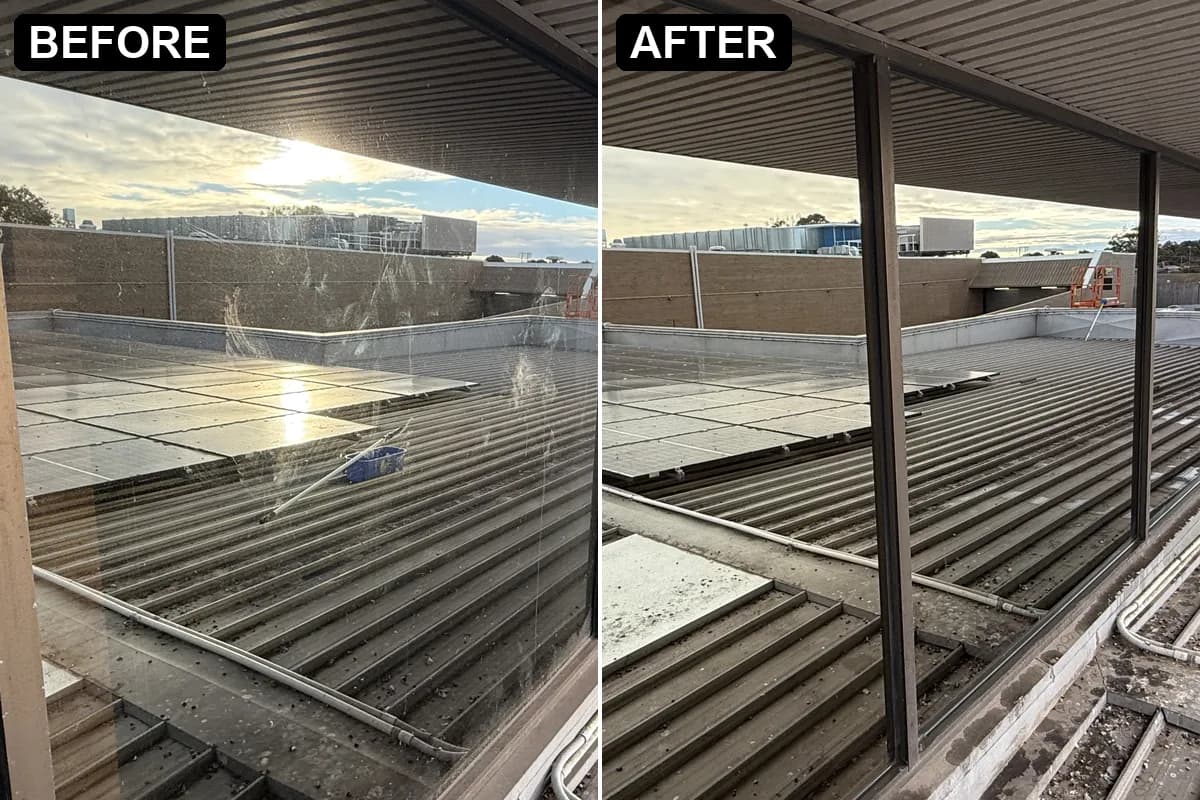 Recent job: upper-level shopping centre windows before and after cleaning, side by side